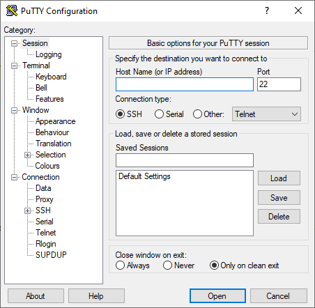Fenêtre principale de PuTTY